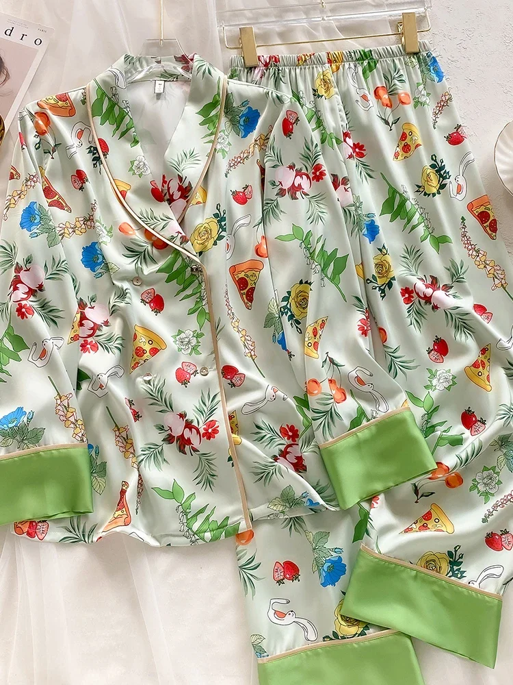 

New Flower 100% Silk Sweet Sleepwear Women's Long Sleeve Pants Home Clothes Set Thin