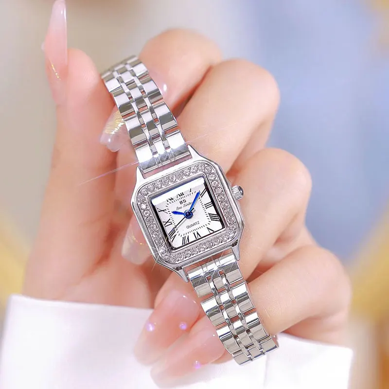 Best Selling Watch for Women\'s Rhinestone Square Roman Digital Face Quartz Vintage Clock Precision Steel Watch for Wife\'s Gift