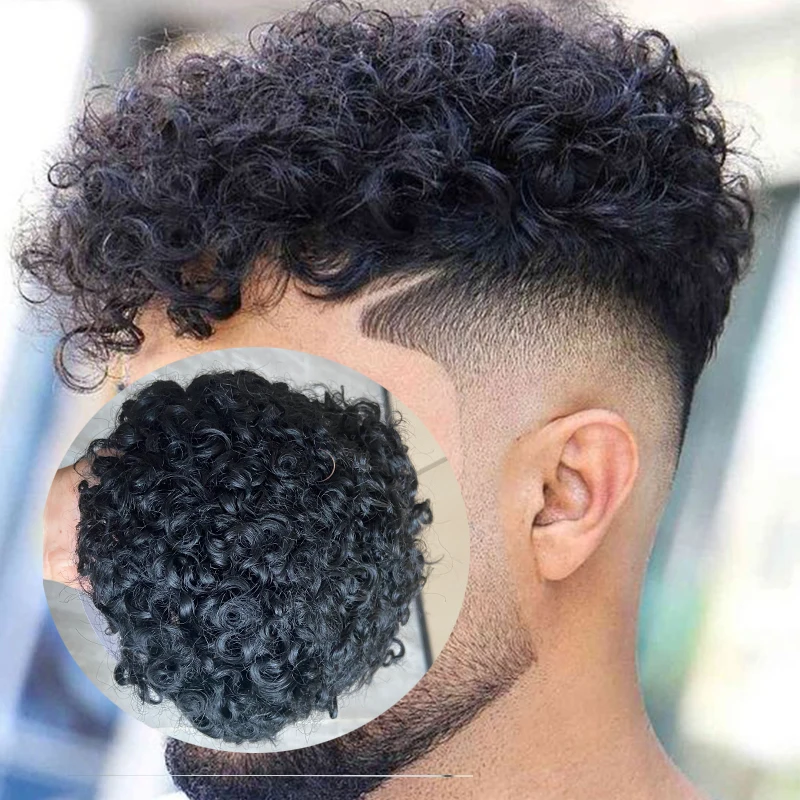 Afro Curly Human Hair capillary prothesis 0.12mm-0.14mm Men Toupee Full PU Thin Skin Men Wig Replacement System Hair Male Wig