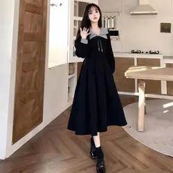 Women Academy Style High Waist Dress French Retro Autumn Winter Doll Collar Mid-Calf Dresses Long Sleeve Large Size Vestidos
