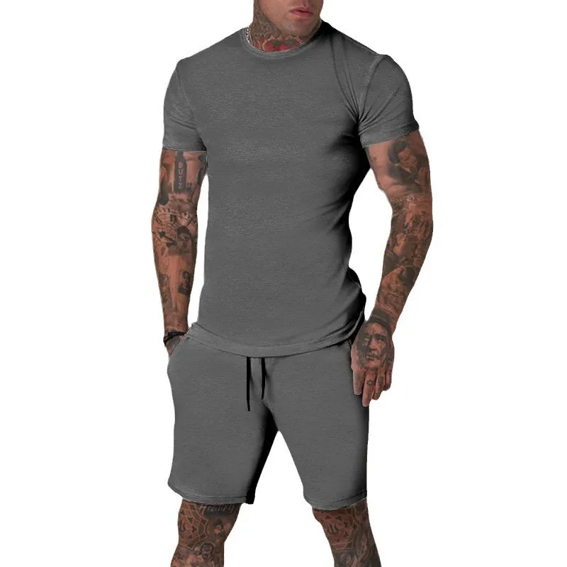 New Summer men\'s sportswear short sleeved T-shirt+sports shorts quick drying dry breathable cool gym suit handsome two-piece set