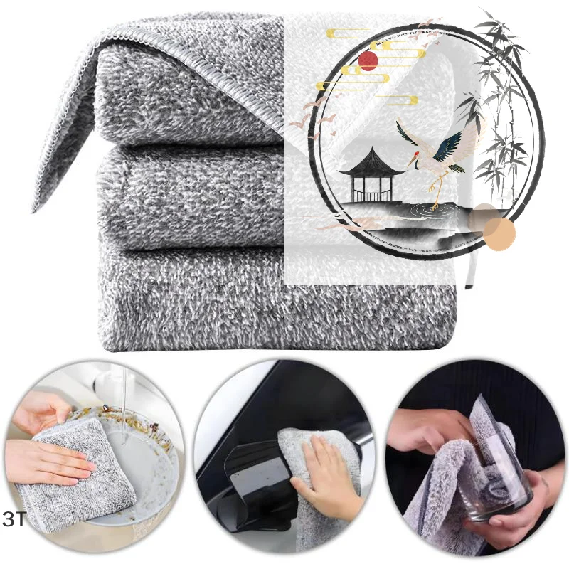 10pcs Gray Bamboo Charcoal Thickened Super Absorbent Dishcloth Oil Resistant Kitchen Wipes Microfiber Cleaning Cloths