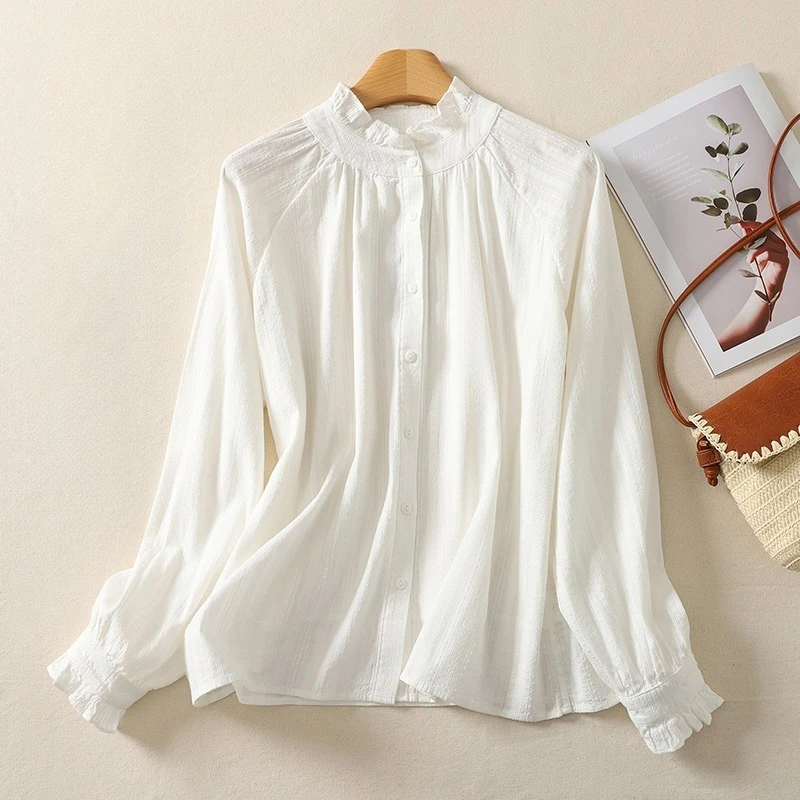 Damskie bluzki w stylu chińskim, jednolite kolory, koszule vintage, modne luźne letnie ubrania, długi rękaw, bawełniano-lniane damskie topy.