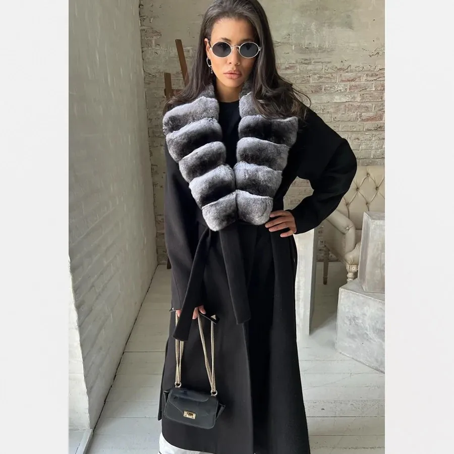 Cashmere Coat Women Wool Coat With Real Rex Rabbit Fur Collar Luxury High Quality Women's Long Jackets