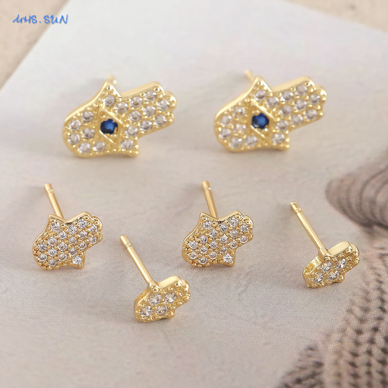 SUNSLL Simplicity Gold Color Fatima Hand Stud Earrings For Women Girls Fashion Cubic Zircon Devil Eye Palm Ear Jewelry 3 Size