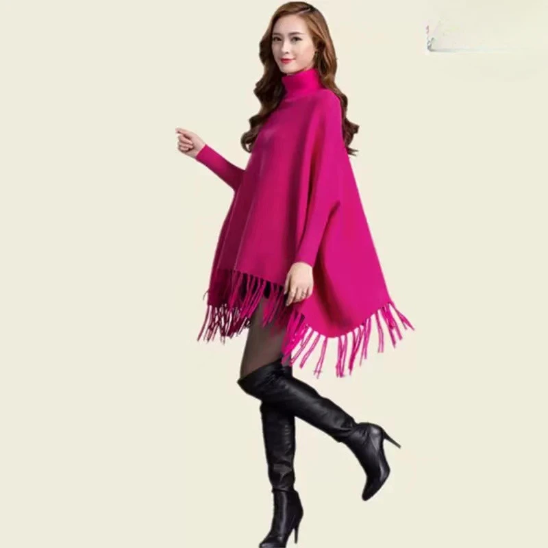 Female Solid Color Style Mongolian Poncho Soft Winter Warm Striped Knitted Cape Polyester Knitting Wraps Women Fashion Coats Q42