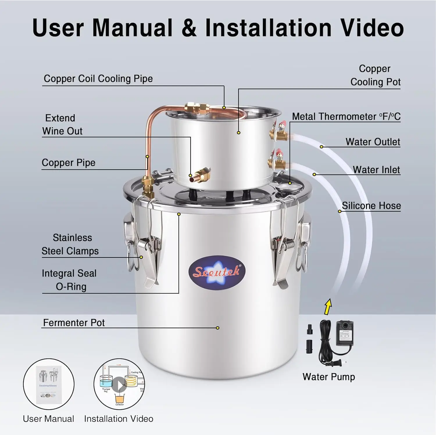 Alcohol Still 13.2 Gal 50L Water Alcohol Distiller Spirits Kit w/Circulating Pump, Copper Tube & Dual Display Thermometer, Home