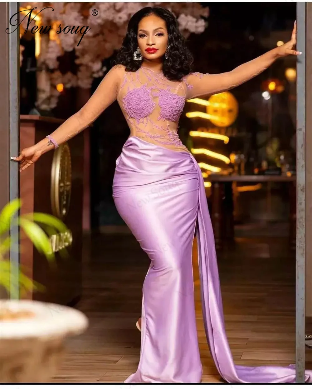 Simple Purple Satin Mermaid Prom Dresses Slit Train Formal Occasion Dress Abendkleider Beaded Evening Dress Customized Party