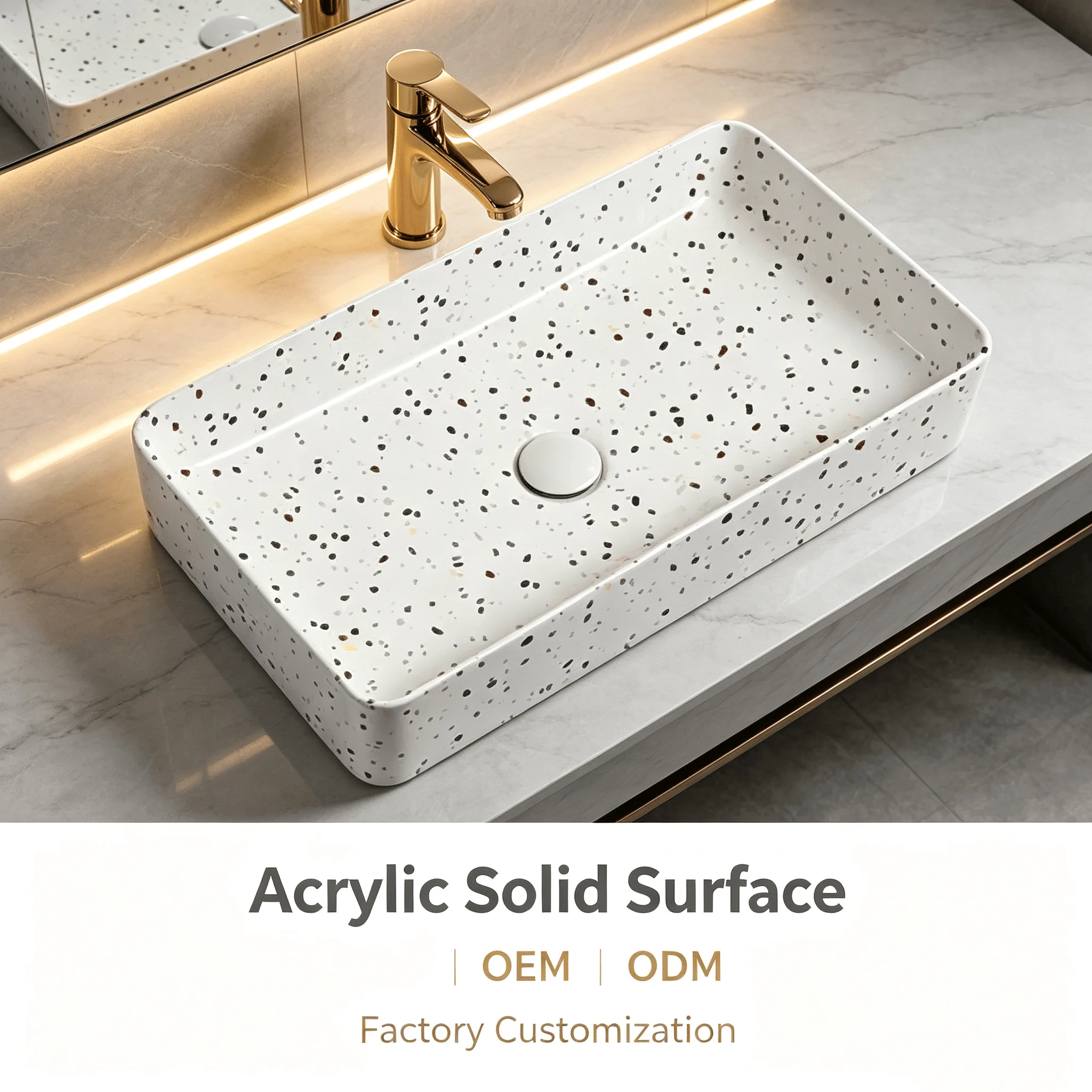Modern White Acrylic Solid Surface Bathroom Vessel Sink Rectangular Countertop Wash Basin Custom OEM