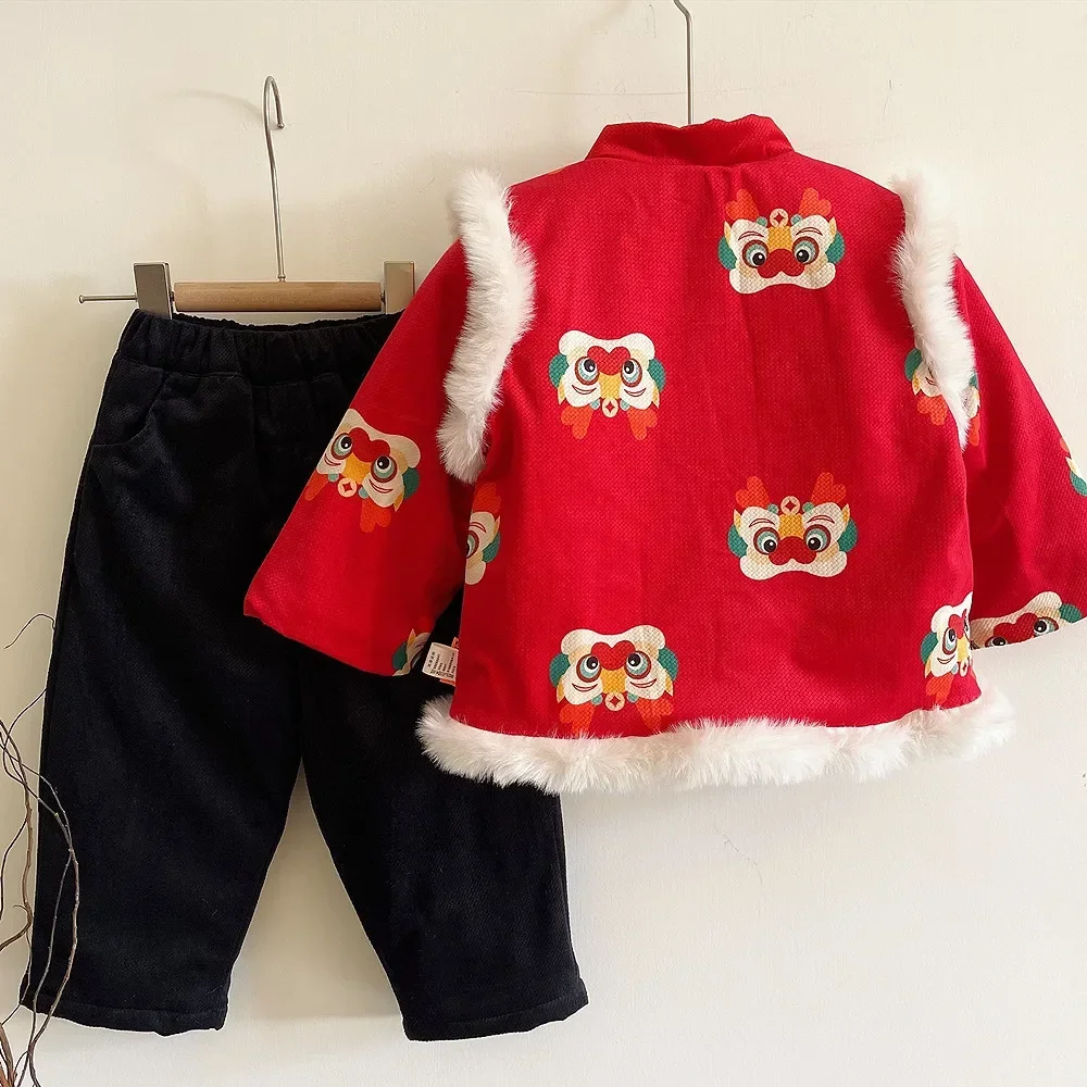 Ropa de invierno para niños, Año Nuevo Chino, bordado de dragón Digital, colgante grueso, traje Tang rojo, 2024