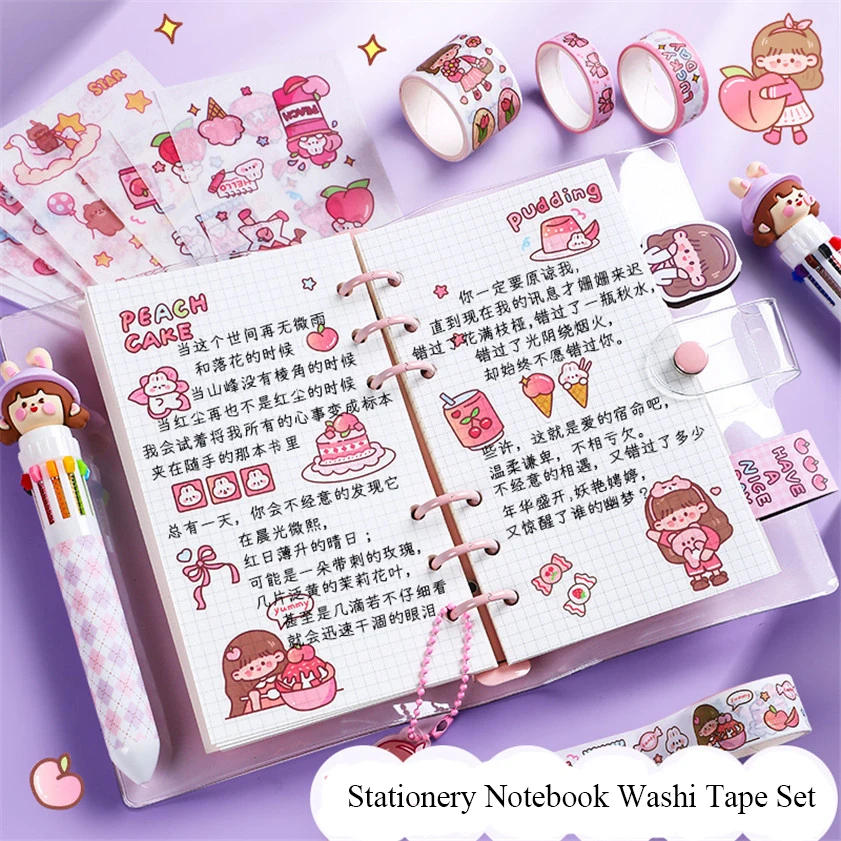 Notebook Washi Tape Kawaii Peach Stickers Pen Stationery Set School Accessories Paper Material Gift Box For Girls Notepad Defter