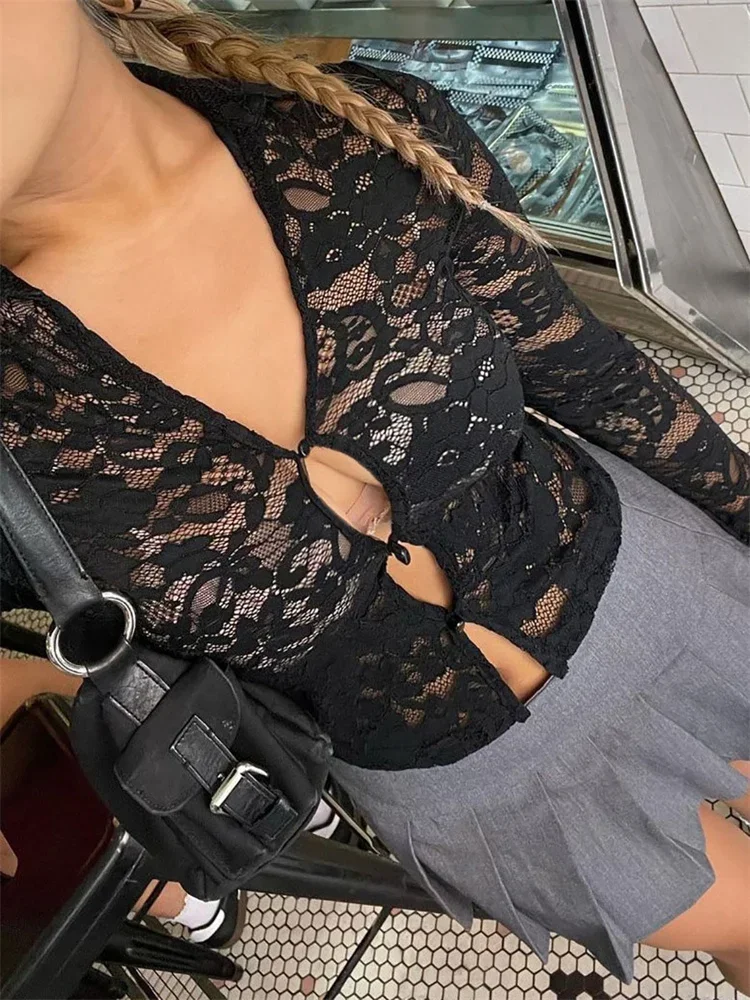 

Летний кружевной сексуальный кардиган-футболка для женщин, с вырезами, длинными рукавами, отложным воротником, в стиле пэчворк, укороченный топ Y2K