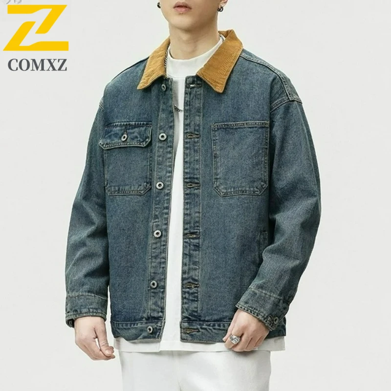 

COMXZ Luxurious Men Denim Jacket 2025 American Style Classic Splicing Motorcycle Jackets Trendy Loose Handsome Autumn Garment