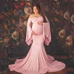 2021 Pregnancy Photo Shooting Dress Baby Shower  for Women Pregnant  Cotton Ruffle Sleeve V-neck Fishtail Skirt Red Blue Pink