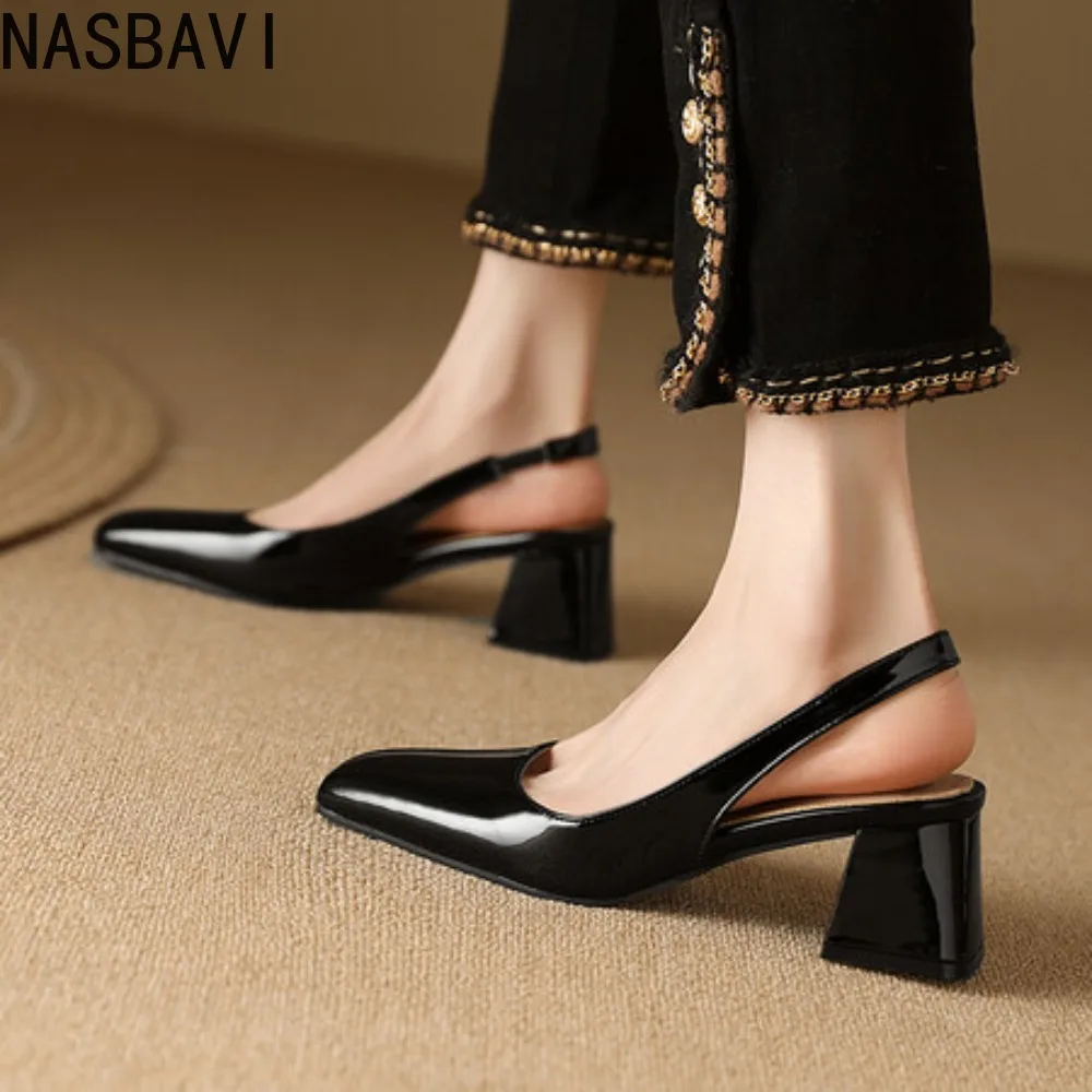 

NASBAVI Slingback Sandals Summer Shoes Elegant Pink Black Nude Medium Heels Pumps Close Toe Office Party Shoe Female Large Size