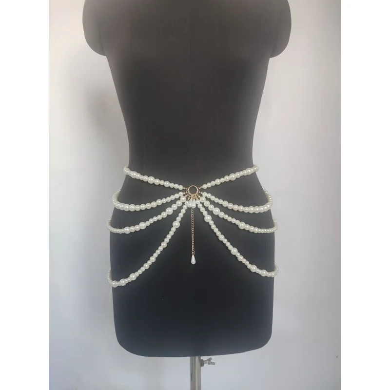 Mehrschichtige Kunstperlen-Taillenkette für Damen, verstellbarer Quasten-Perlen-Körpergürtel, Braut-Hochzeitskleid-Taillengurt, Party-Körperkette – Detail 6