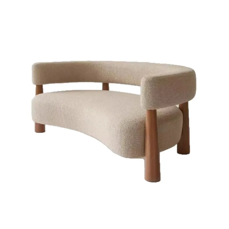 Nordic simple cream style curved three-person fabric sofa French retro style small apartment solid wood lamb fleece sofa