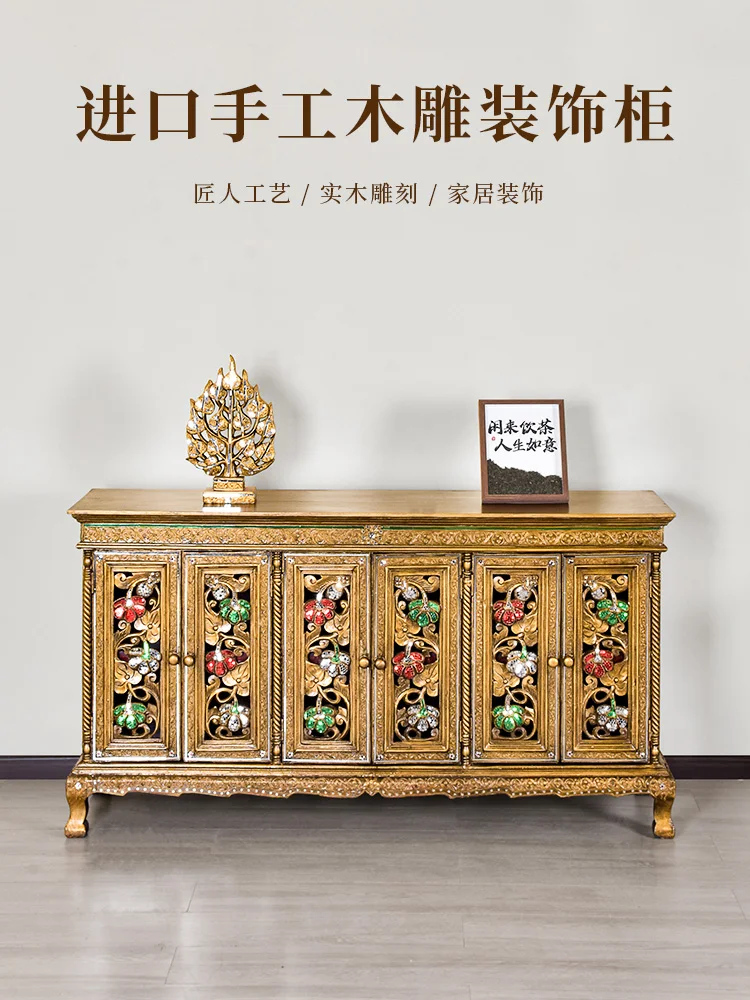 Solid wood entrance living room new Chinese-style carved storage cabinet, wall storage multi-functional