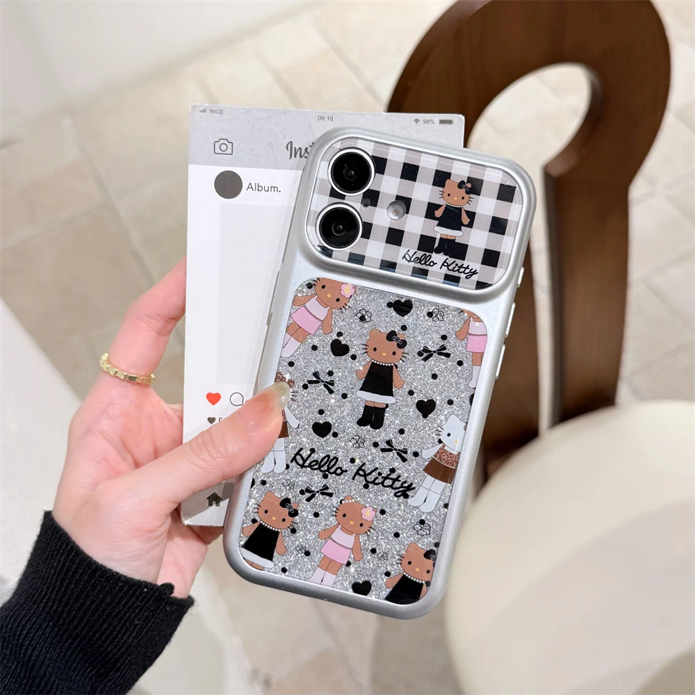 

Korean Plaid Glitter Kitty Cat Phone case for iPhone 17 16 15 Pro 15 Max 17 Pro Max Case Cute Cover Cartoon Protection Fundasa