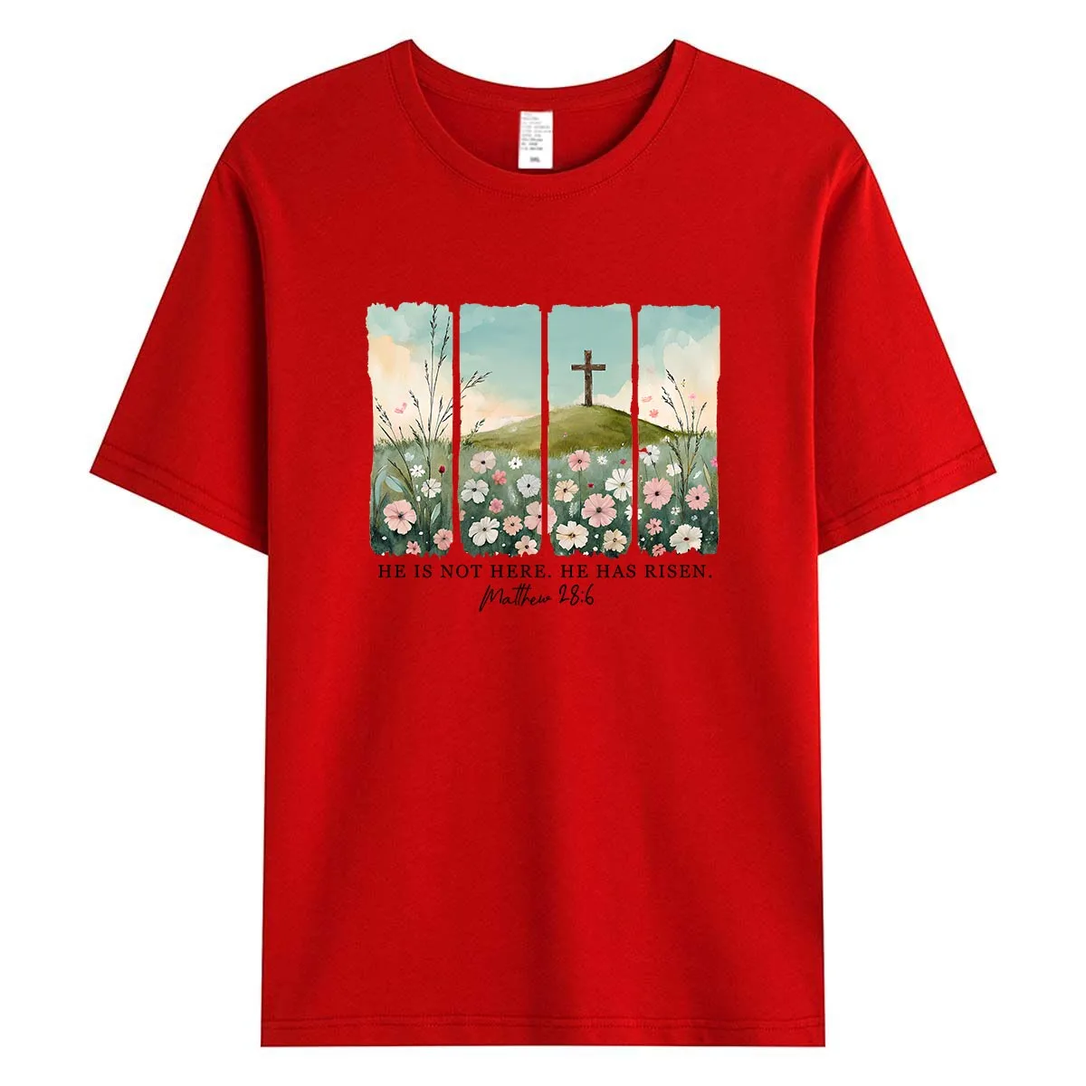 

He Has Risen Christian Landscape Women T-Shirt Watercolor Cross Easter Graphic Tee Religious Summer Cotton Tops Faith