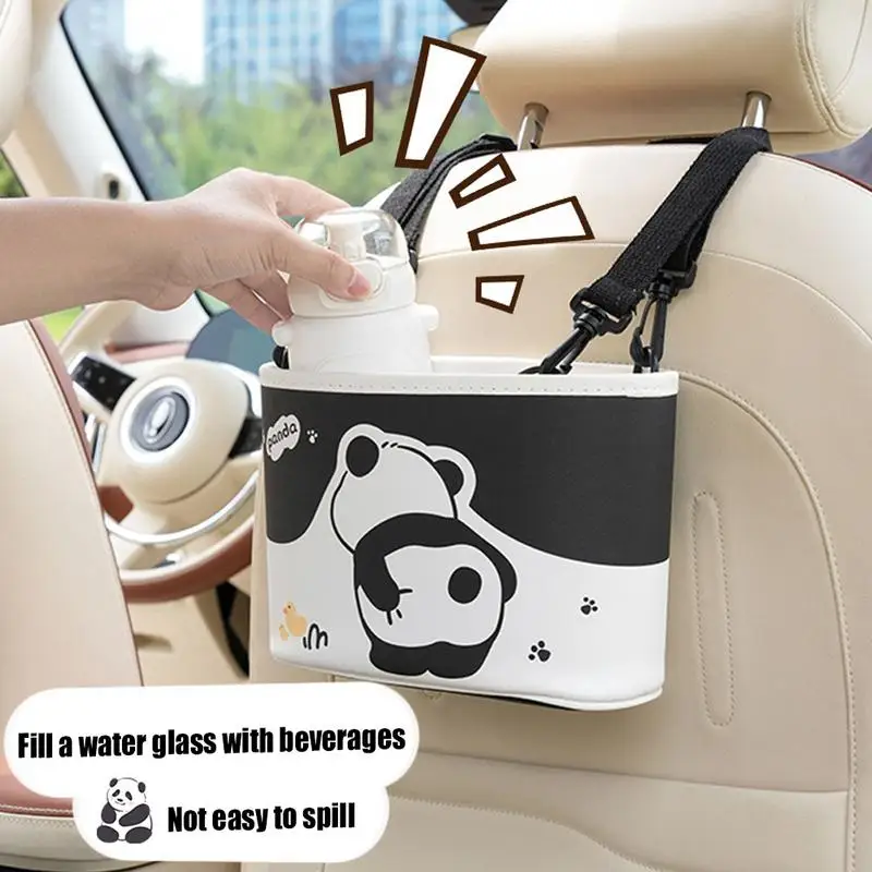 Leather Car Trash Bag PU Leather Panda Trash Can Cute Space-Saving Car Organizer Portable Trash Bag For Cell Phones Keys