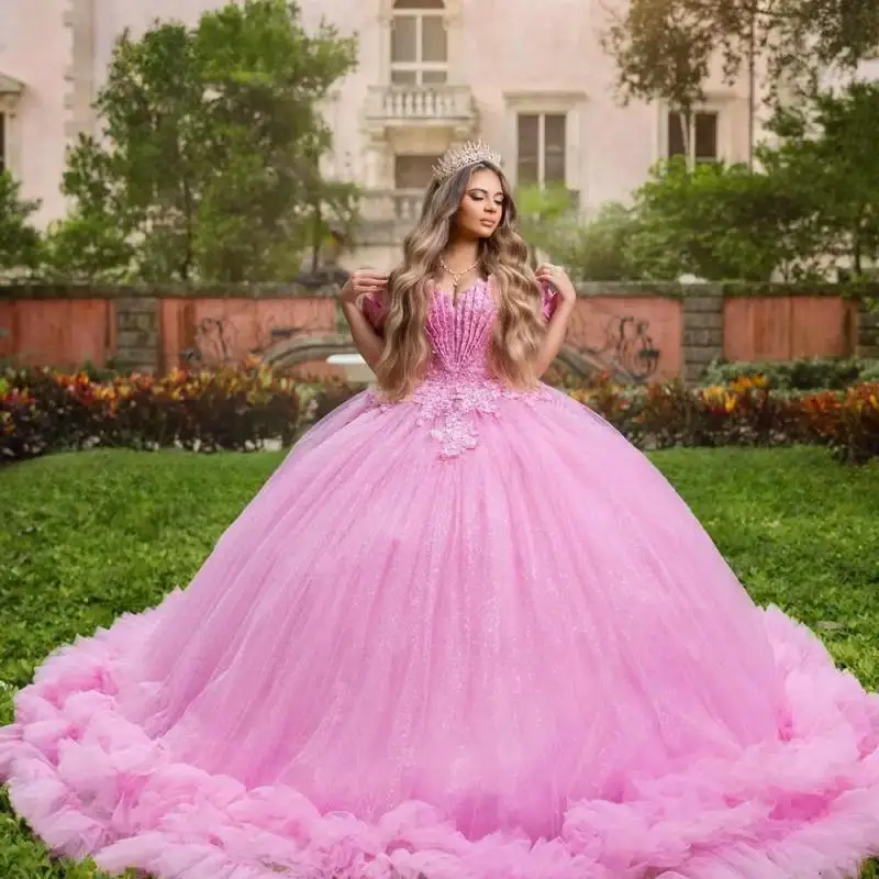 

Customized Pink Ball Gown Quinceanera Dresses Sparkly Pleats Sweetheart Sweet 16 Dress Ruffles Vestidos De 15 Años