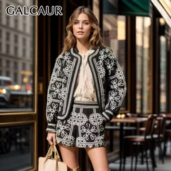 GALCAUR Printing Two Piece Set For Women Round Neck Long Sleeve Coat High Waist Patchwork Pocket Shorts Sets Female Clothing New