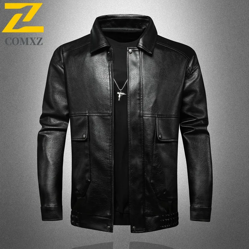 

COMXZ Hiking Travel Light Luxury Mens Leather Jacket Fashion Stand Collar Windproof Coat Casual Cycling Lightweight Autumn Coats