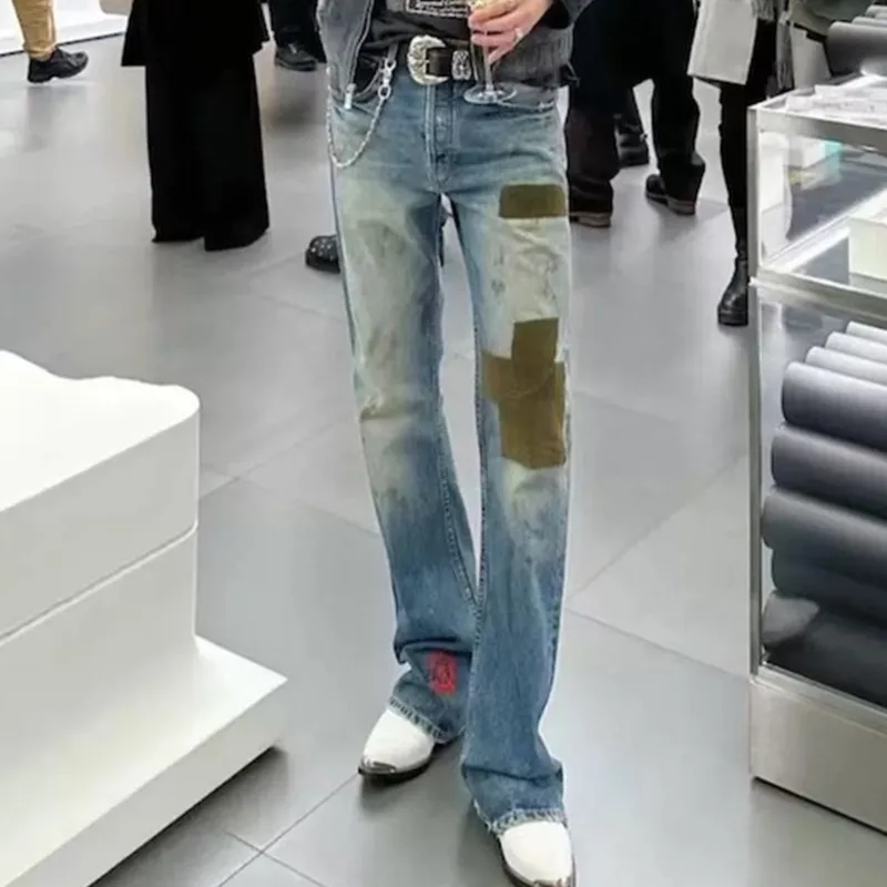 HKSH 春秋オリジナルデザインコーデュロイパッチワーク刺繍ファッションデニムパンツユニセックスウォッシュヴィンテージブーツカットジーンズ HK7930