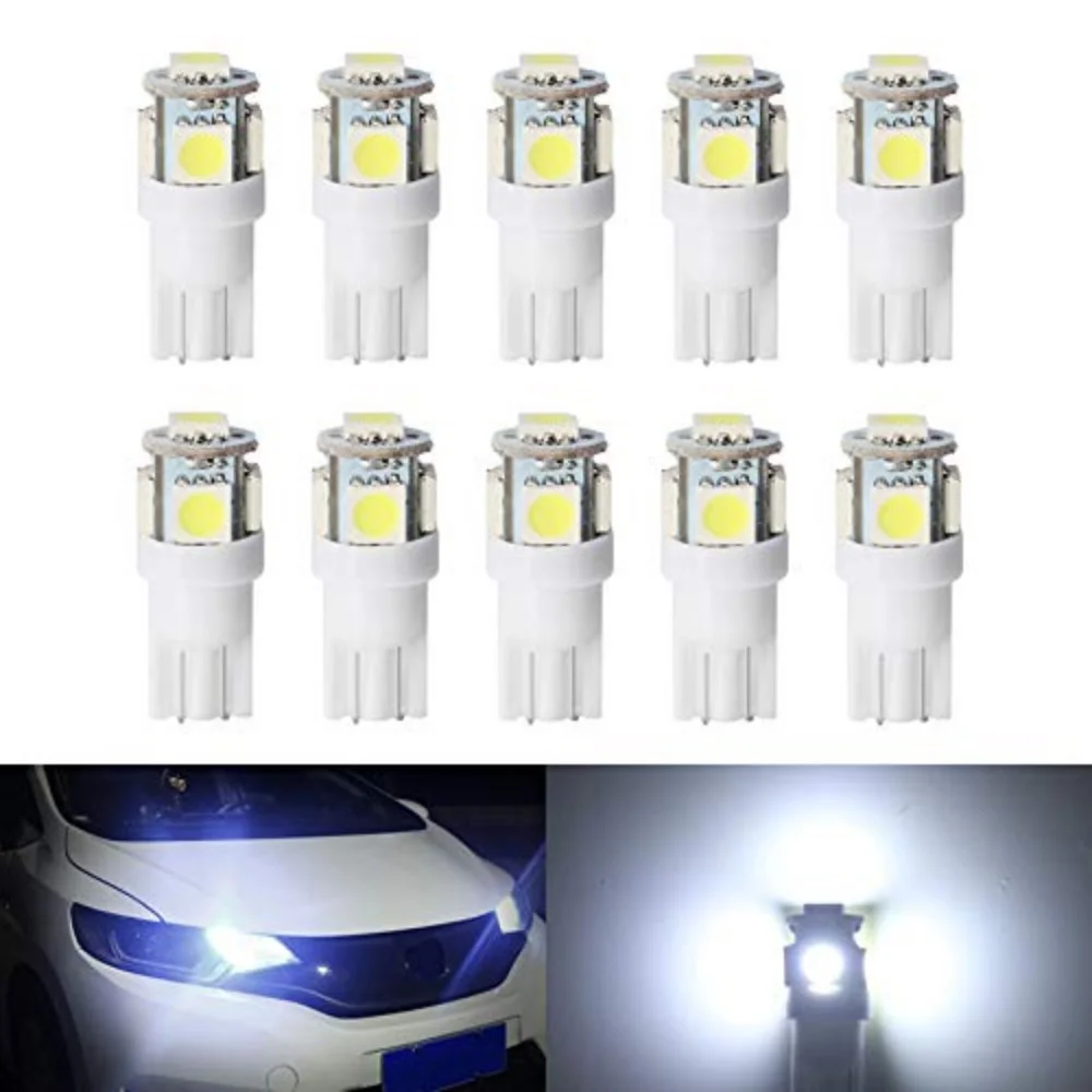 10X Car LED Bulb T10 W5W 5W5 Signal Light 12V 5050 5SMD 7000K White Blue Auto Interior Door Dome Reading Wedge Side Trunk Lamps