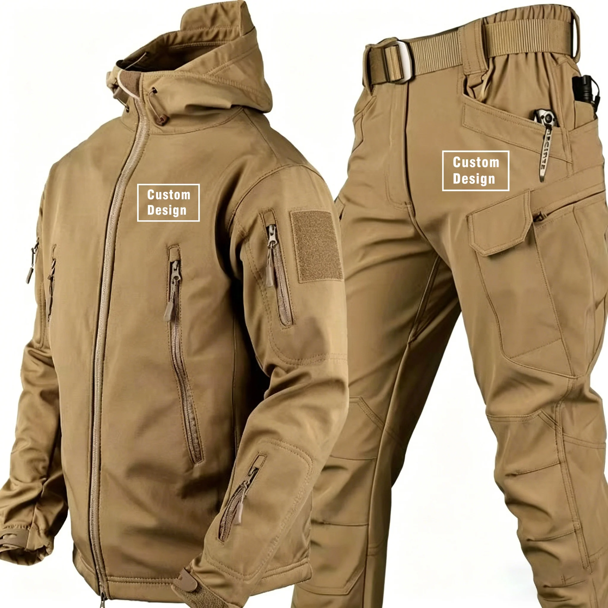 DIY LOGO Men's Sets Outdoor Military Custom Design Fleece Warm SoftShell Man Jackets Coat Outerwear Sets