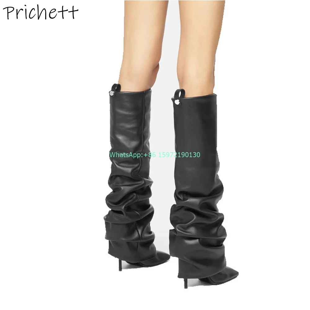 Square Toe Sexy Pleated Boots Thin Heels Solid Black Patchwork Knee High Boots Hotties Runway European Style Cuffed Boots