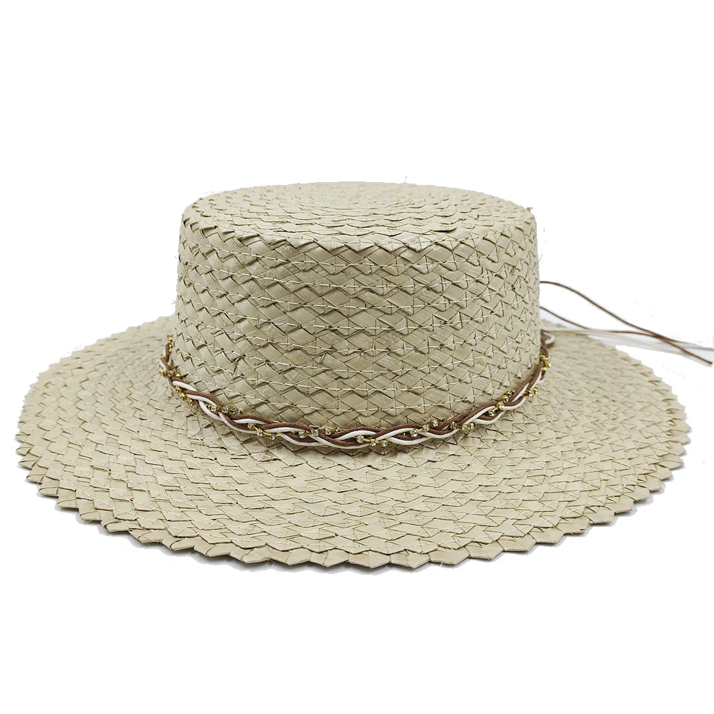 Summer straw hat French flat top sun hat Women\'s summer beach sun hat Pineapple lace Panama hat Men\'s straw hat