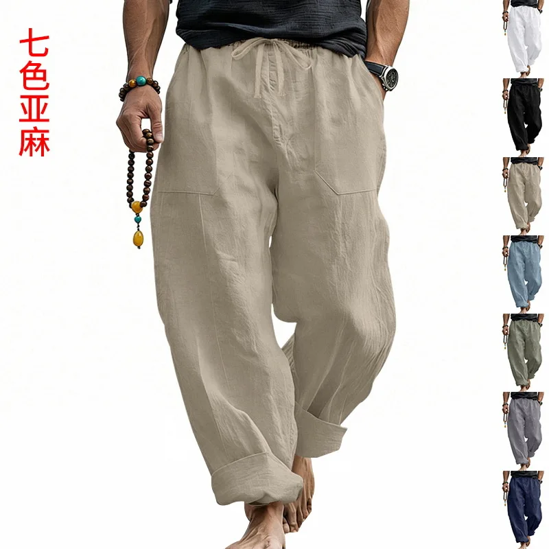 Pant men 2026 casual New beach loose casual linen pocket Spring Autumn vacation style thin trousers men's clothing
