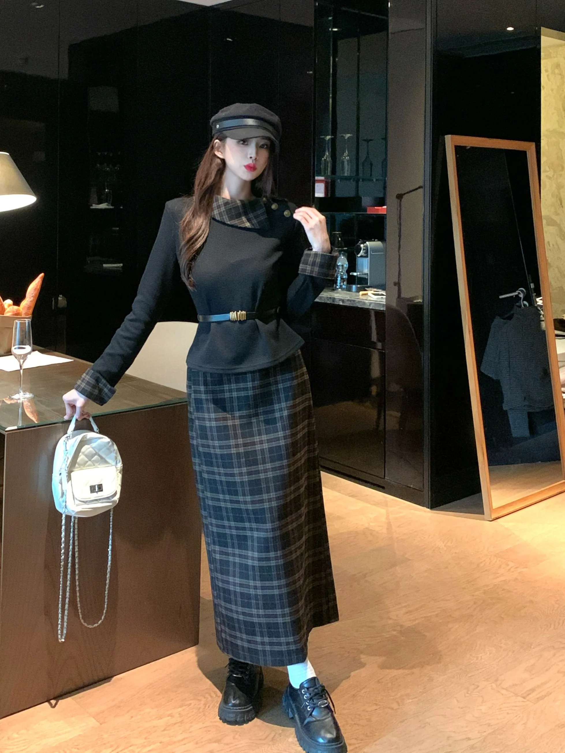 

Женский винтажный комплект больших размеров: рубашка в клетку и юбка с высокой талией, осенний модный корейский стиль, прямой крой, длинный рукав