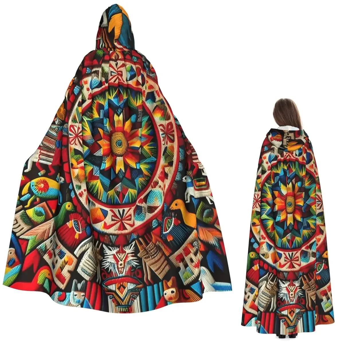 

Huichol Mexican Heritage Long Hooded Cloak Witch Medieval Costume Cosplay Cape HalloweenCoat Adult Unisex