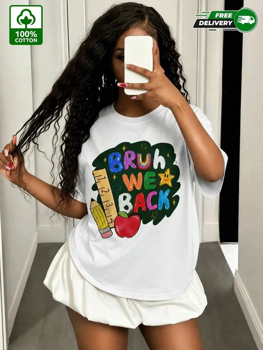 Youth Bruh We Back Chalkboard Pencil Apple Graphic 100% Cotton Short Sleeve T-Shirt, Retro Colorful Letter Casual Street Tee For Spring Summer