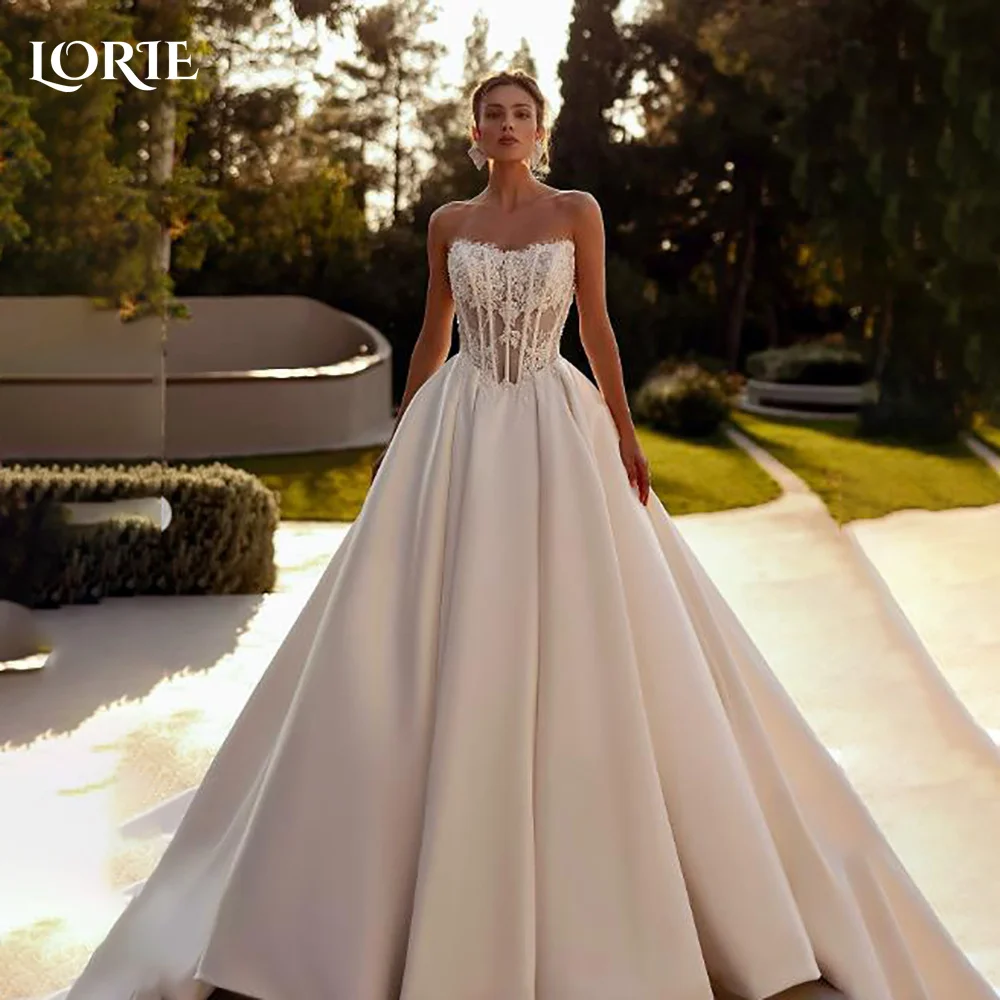 

LORIE Sexy Satin Strapless Wedding Dresses Bow Appliques Sweetheart A-Line Lace Customized Pearls Bridal Gown vestidos de novia