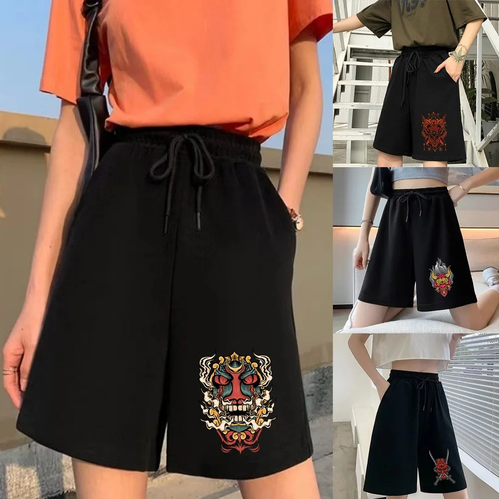 Celana Pendek Kasual Wanita Celana Crop Jalanan Seri Cetak Samurai Lucu Celana Pendek Olahraga Mode Harajuku Wanita Streetwear Korea