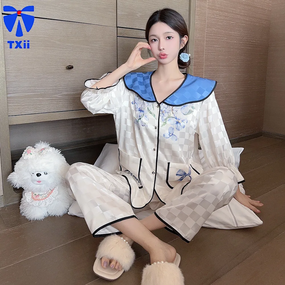 TXii Newlook Autumn 2024 Fashion New Sweet Lovely Pajamas Women's Ice Silk Square Plaid Doll Collar Comfortable Home Clothes