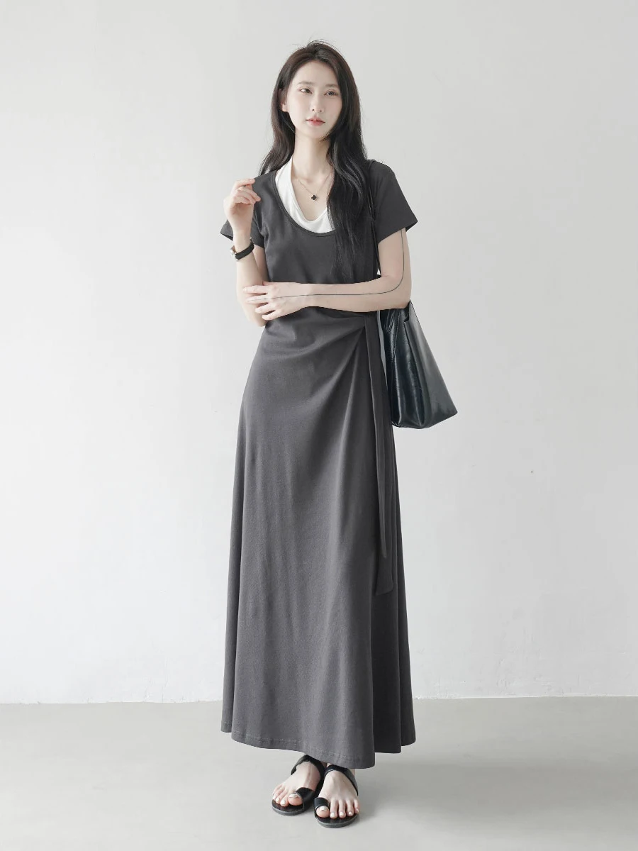 

Серое летнее простое платье с коротким рукавом для женщин, имитация двух частей, с поясом, средней длины, приталенное, стройнящее, элегантное