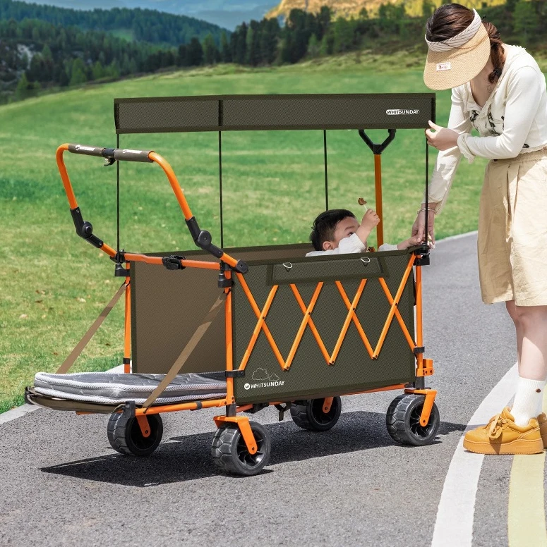 

Outdoor foldable camping trailer four-wheel camping picnic table board gathering camping cart with awning