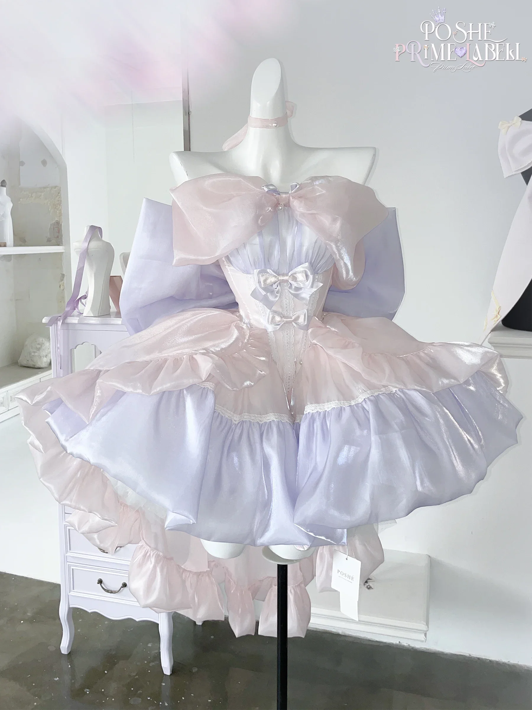 New Sweet Girl Women Princess Lolita Dress Strapless Off Shoulder Pink Purple Patchwork Slim Big Bow Trailing Short Party Dress