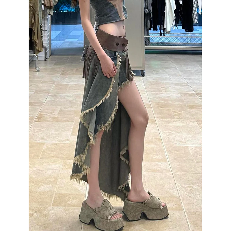

Women Vintage Punk Blue Denim Skirt Tassels Female High Waist Casual Mid Length Skirts Baggy Streetwear Female Long Faldas