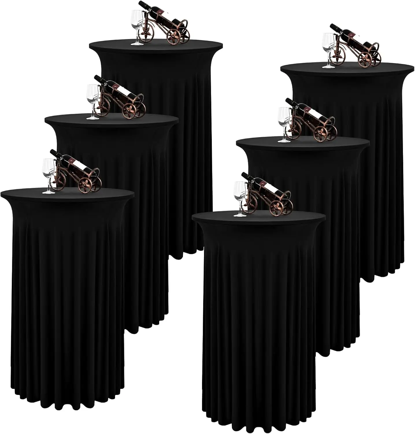 

6-Pack Black Spandex Cocktail Table Skirts, 32x43 Inches with Wavy Drapes for Wedding Bar Party