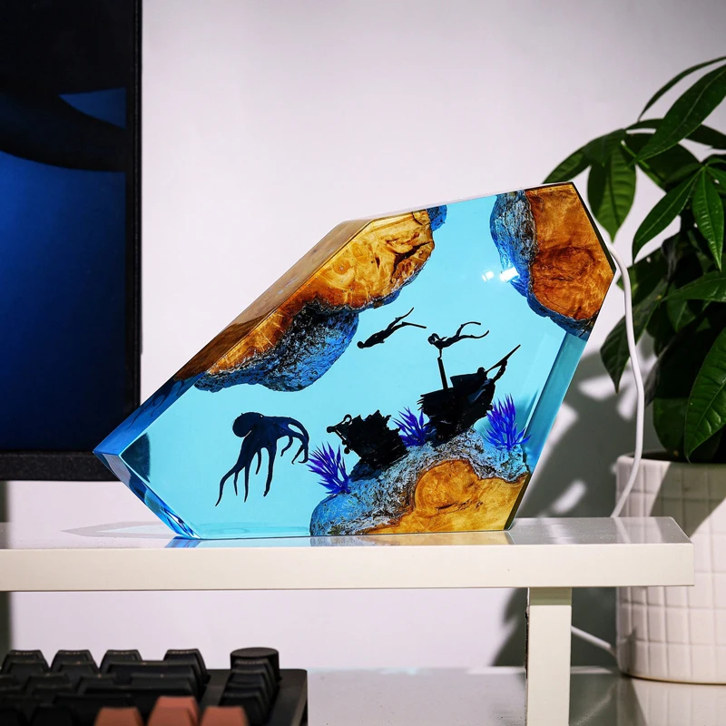 المحيط الراتنج مصباح حطام السفينة موضوع ضوء الليل الإبداعية فن الديكور الأخطبوط الغواصين المشهد الجدول مصباح USB شحن