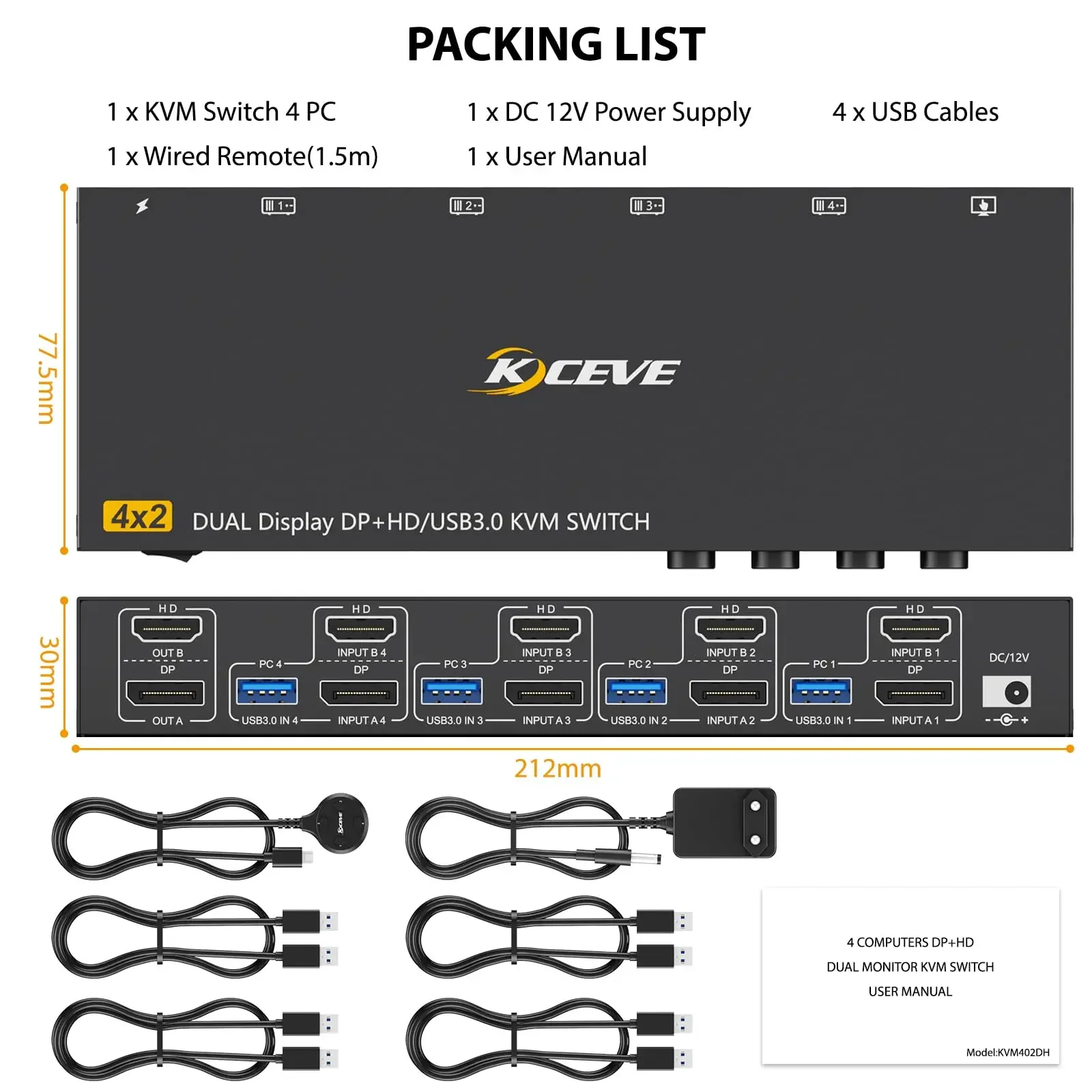 KCEVE USB3.0HDMI DP KVM commutateur 2 monitoren 4 ordinateurs 8K@30Hz/4k@144Hz KVM commutateur DP KVM pour 4 PC partage2 afficha