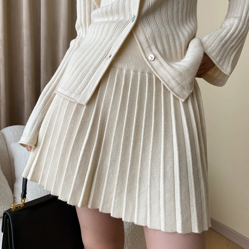 French Elegant Vintage Knitting Long Sleeve Slim Single Breasted Tops and Mini Pleated Skirts Suit High Street Outfit for Women