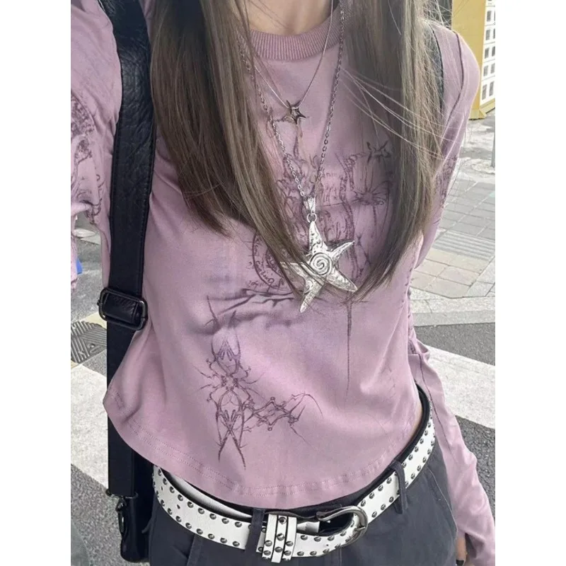 Subculture Y2k Long Sleeve T-shirt Spring 2024 Women High Street Sweet Cool Crop Top Vintage Purple Harajuku Fashion Shirts