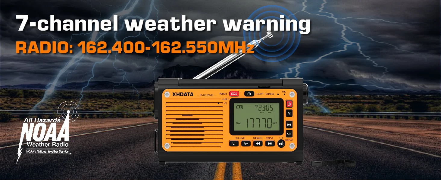 XHDATA D-608WB Notfall-Wetterradio mit Kurbel, FM/AM/SW/NOAA-Alarm, tragbares Radio mit Telefonladegerät, Bluetooth, batteriebetrieben – Detail 2